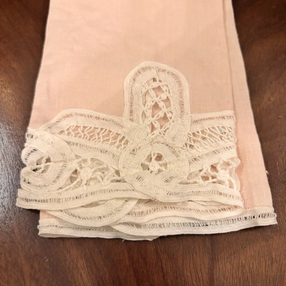Vintage 2 Blush Pink Linen Guest Towel  Lace Cottage Shabby Chic Fingertip